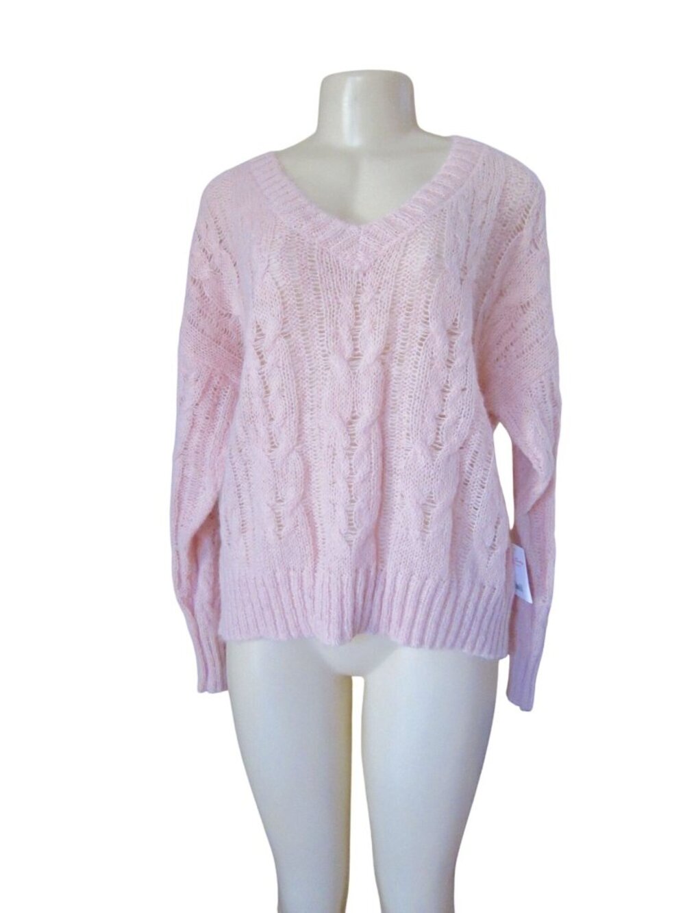 Lucky Brand Pale Pink Fuzzy Cable Knit V-Neck Sweater Size L New W/ Tags
